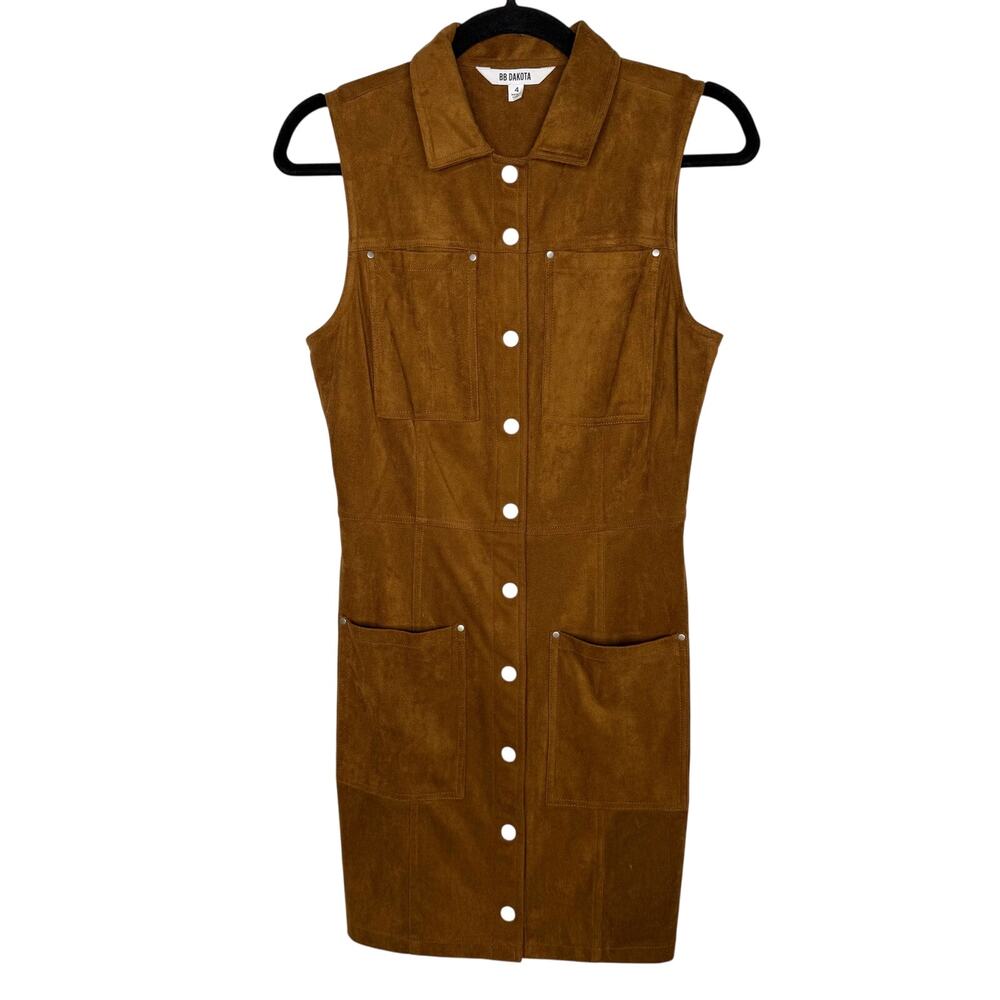 BB Dakota 4 Saddle Brown Faux Suede Heaven Mini Shirt Dress Sleeveless Button